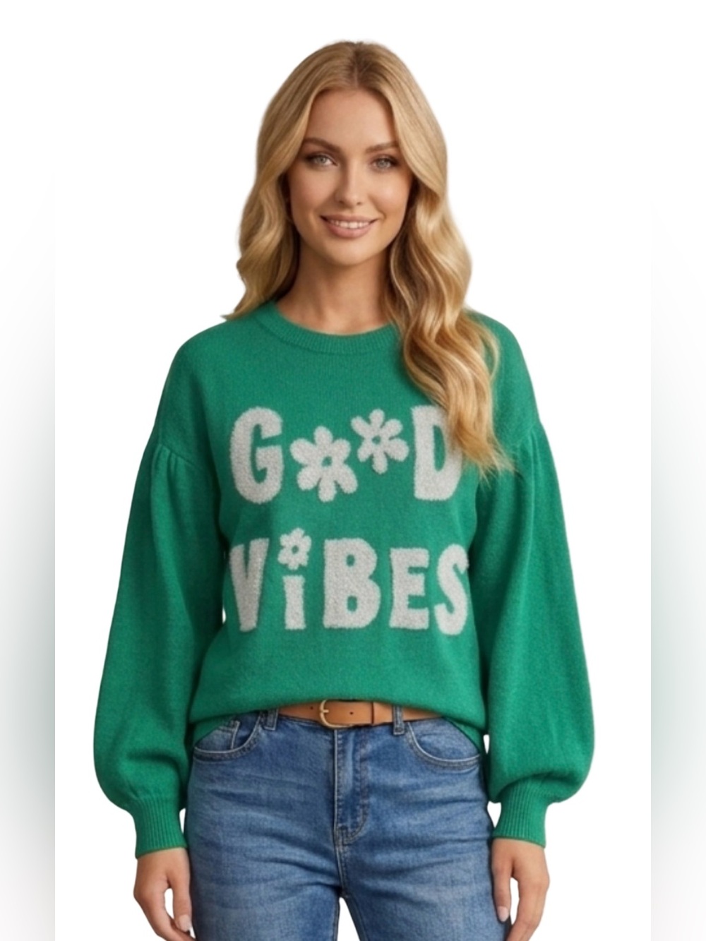 Pink Rose Good Vibes Knit Sweater Kelly green Graphic Oversized Slouchy retro S